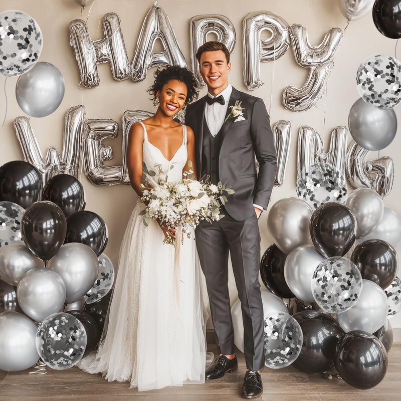PUFFLD Black and Silver Confetti Balloons, 60pcs 12 inch Silver Metallic Chrome Latex Balloons and Black Latex Balloons for Birthday Wedding and Graduation Party Decorations - Image 2