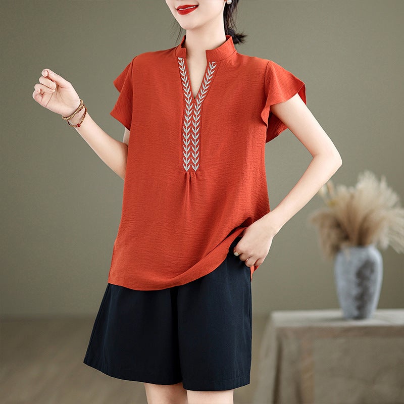 Real S 2024 Ethnic Style Retro Embroidered Top V Collar Lotus Leaf Sleeve Shirt - Image 5