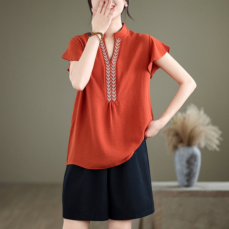 Real S 2024 Ethnic Style Retro Embroidered Top V Collar Lotus Leaf Sleeve Shirt - Image 3