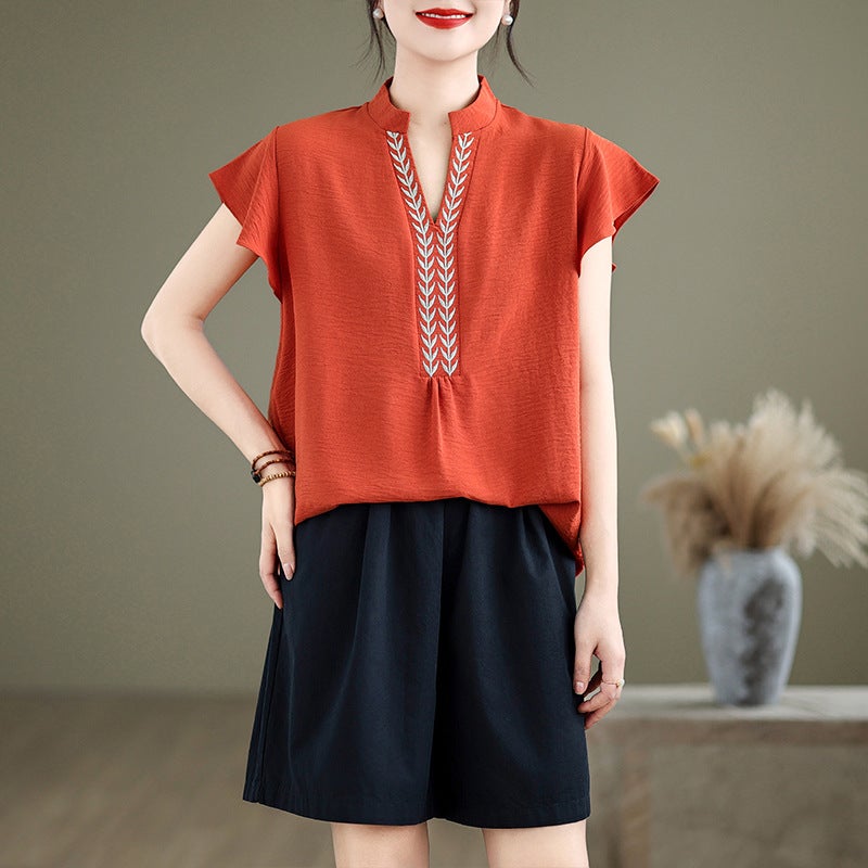 Real S 2024 Ethnic Style Retro Embroidered Top V Collar Lotus Leaf Sleeve Shirt - Image 1