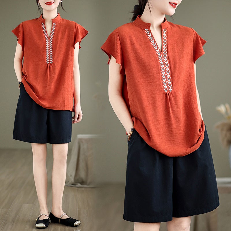 Real S 2024 Ethnic Style Retro Embroidered Top V Collar Lotus Leaf Sleeve Shirt - Image 2