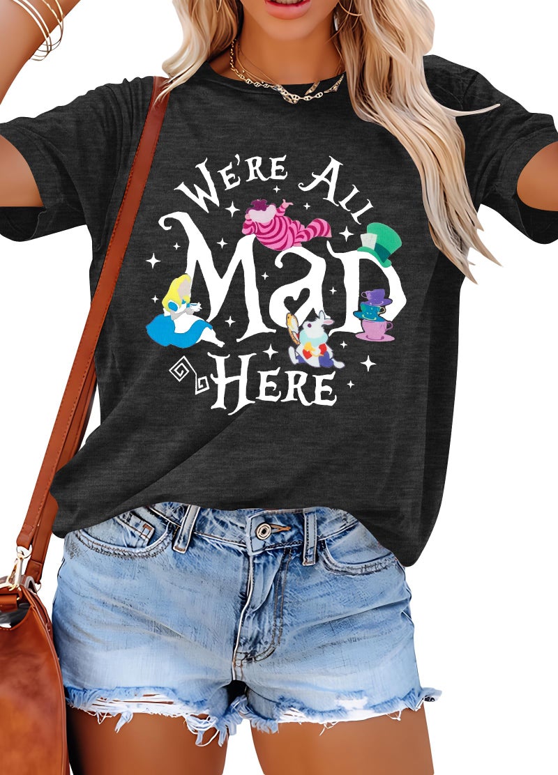BANGELY Magical Shirt Women Magic Princess T-Shirt We're All Mad Here Fairy Graphic Shirts Vacation Party Casual Short Sleeve Top Grey - Image 1