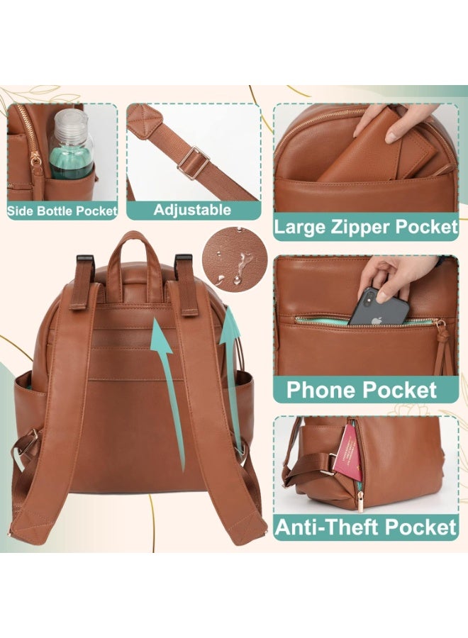 MOMINSIDE Small Diaper Bag Backpack, Mini Diaper Bag with 11 Pockets, Leather diaper backpack, Baby Diaper Bag for Baby Girls, 2 Insulated Pockets, Stroller Straps (Brown) - Image 4