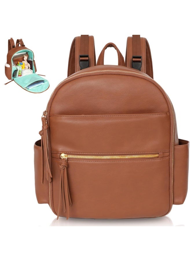 MOMINSIDE Small Diaper Bag Backpack, Mini Diaper Bag with 11 Pockets, Leather diaper backpack, Baby Diaper Bag for Baby Girls, 2 Insulated Pockets, Stroller Straps (Brown) - Image 1