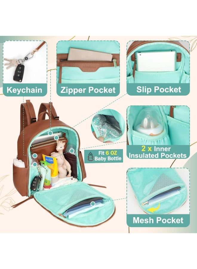 MOMINSIDE Small Diaper Bag Backpack, Mini Diaper Bag with 11 Pockets, Leather diaper backpack, Baby Diaper Bag for Baby Girls, 2 Insulated Pockets, Stroller Straps (Brown) - Image 2
