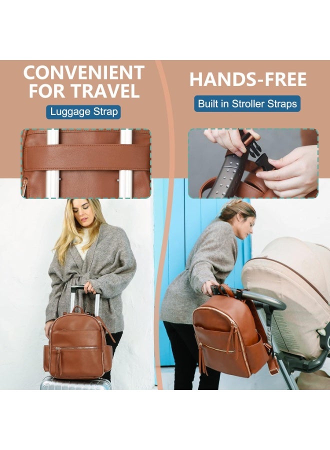 MOMINSIDE Small Diaper Bag Backpack, Mini Diaper Bag with 11 Pockets, Leather diaper backpack, Baby Diaper Bag for Baby Girls, 2 Insulated Pockets, Stroller Straps (Brown) - Image 5