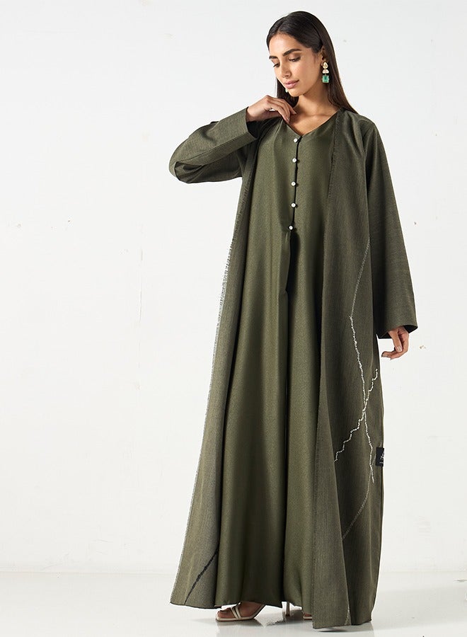 JAMEELA Olive green Abaya with pearl buttons - Image 1