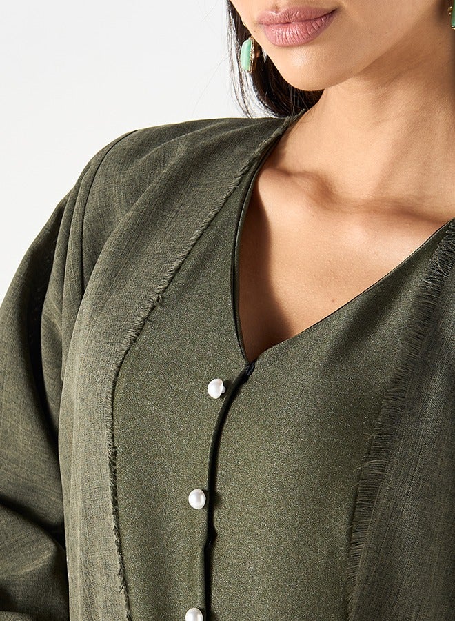 JAMEELA Olive green Abaya with pearl buttons - Image 2