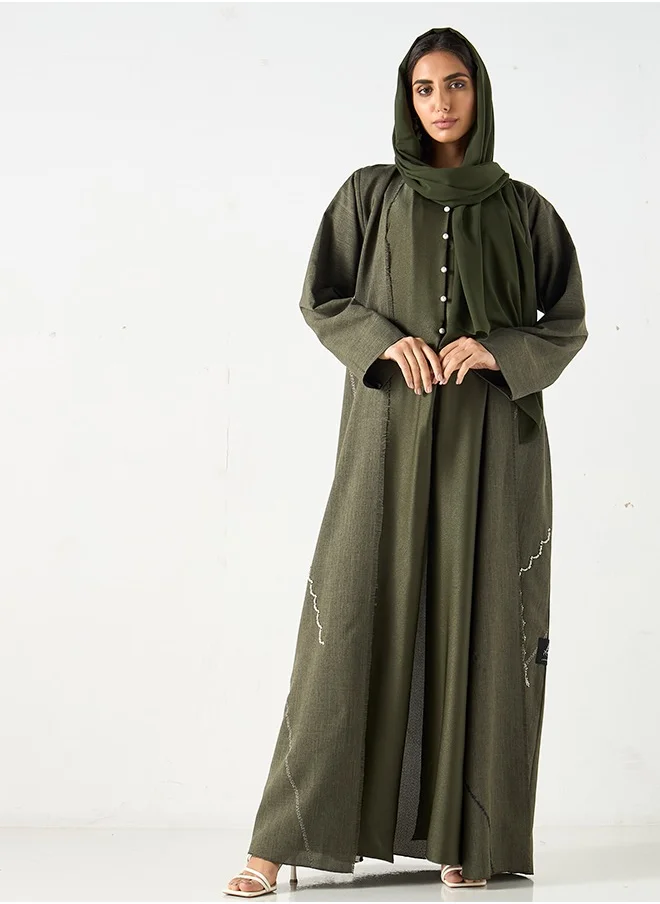 JAMEELA Olive green Abaya with pearl buttons