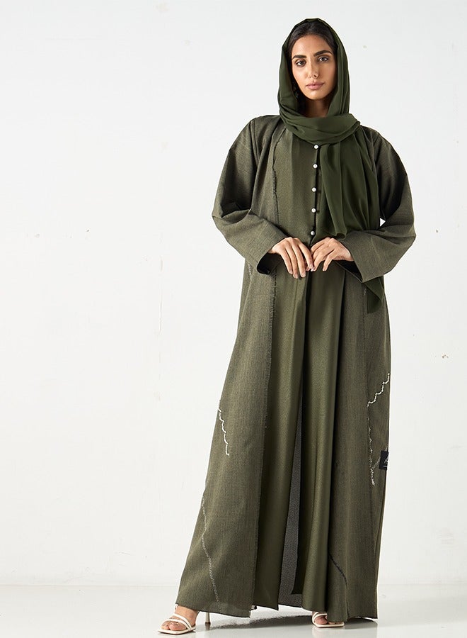 JAMEELA Olive green Abaya with pearl buttons - Image 3