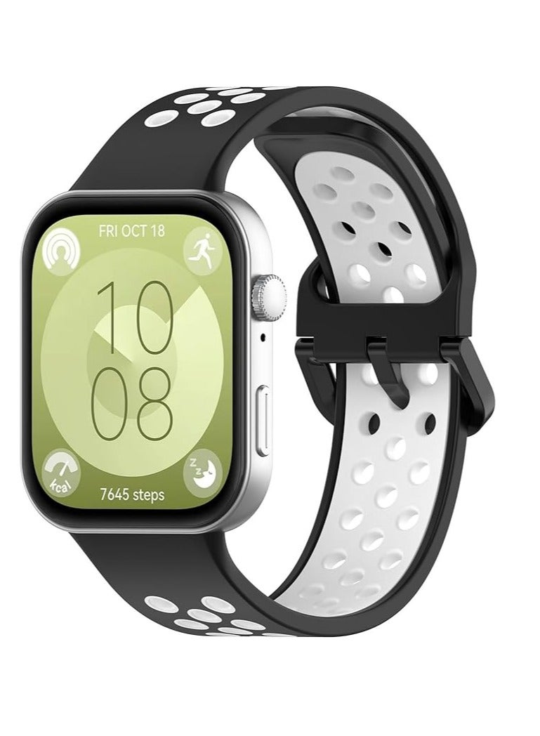 Silicone Strap for Huawei Watch Fit 3, Breathable Soft Silicone Sport Replacement Strap, Two-tone Black White, Adjustable Design - Image 1