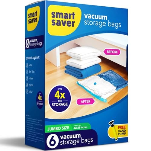 Smart Saver Vacuum Bags for Travel, Space Saver Bags 6 Jumbo (70x100cm) Compression Bags for Clothes, Storage Sealer Bags for Clothes Storage, Vaccine Packing Ziplock Bag with Hand Pump, Plastic, Blue - Image 1