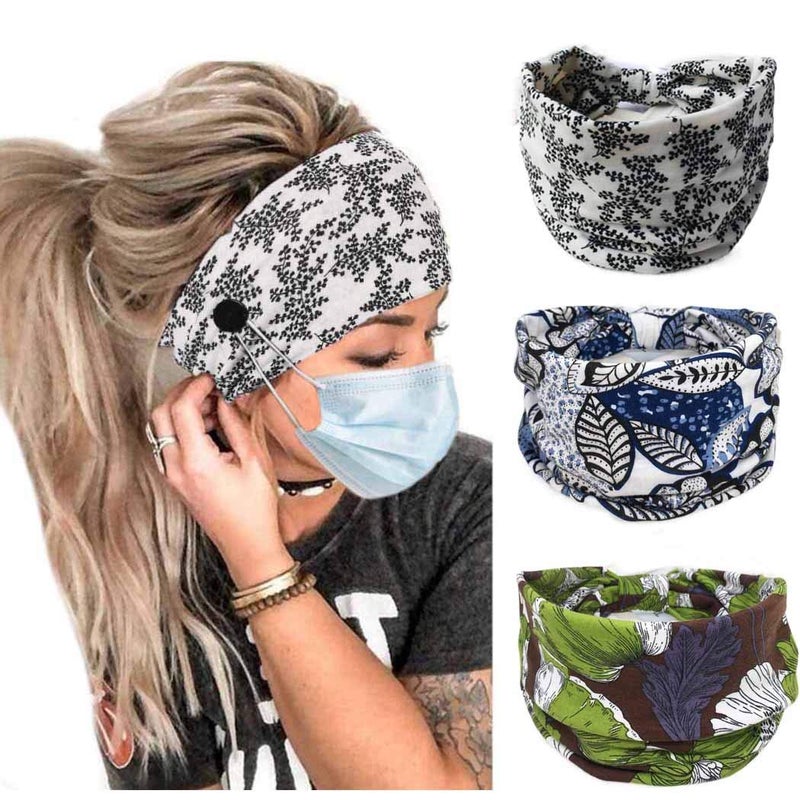 Boho Button Headband Wide Stretchy Daily Use Knotted Headwear Sport Athletic Yoga Gym Rhinestone Crystal Hair Accessories For Women And Girls(3Pcs) (M)
