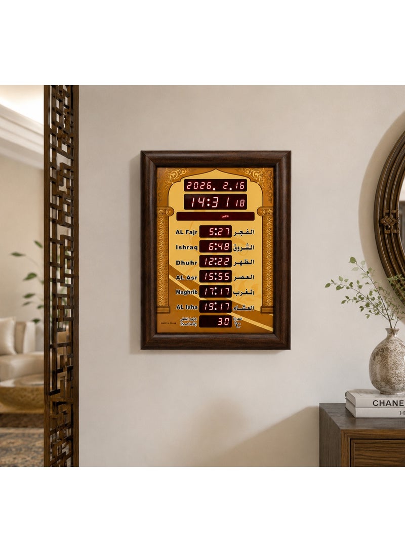 ساعة أذان رقمية LED مقاس 40 × 35 سم للمسجد والمنزل – ساعة حائط إسلامية لعرض مواقيت الصلاة والتاريخ ودرجة الحرارة مع ريموت كنترول وشاشة LCD وإطار خشبي - Image 3