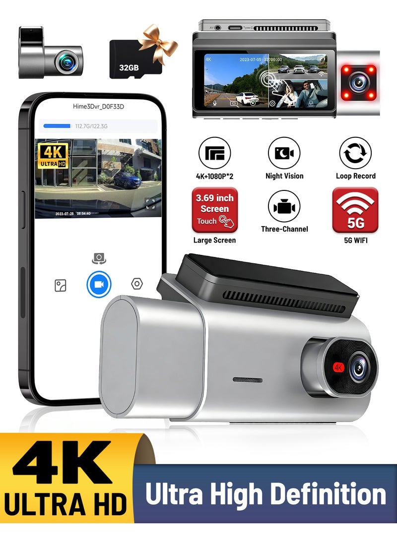دانسينت كاميرا سيارة UHD 4K مع بطاقة 32 جيجابايت للسيارات، ثلاث عدسات أمامية وداخلية وخلفية، 4K أمامية وداخلية و1K خلفية، WiFi مدمج، مستشعر G، مسجل فيديو DVR للسيارة - Image 1