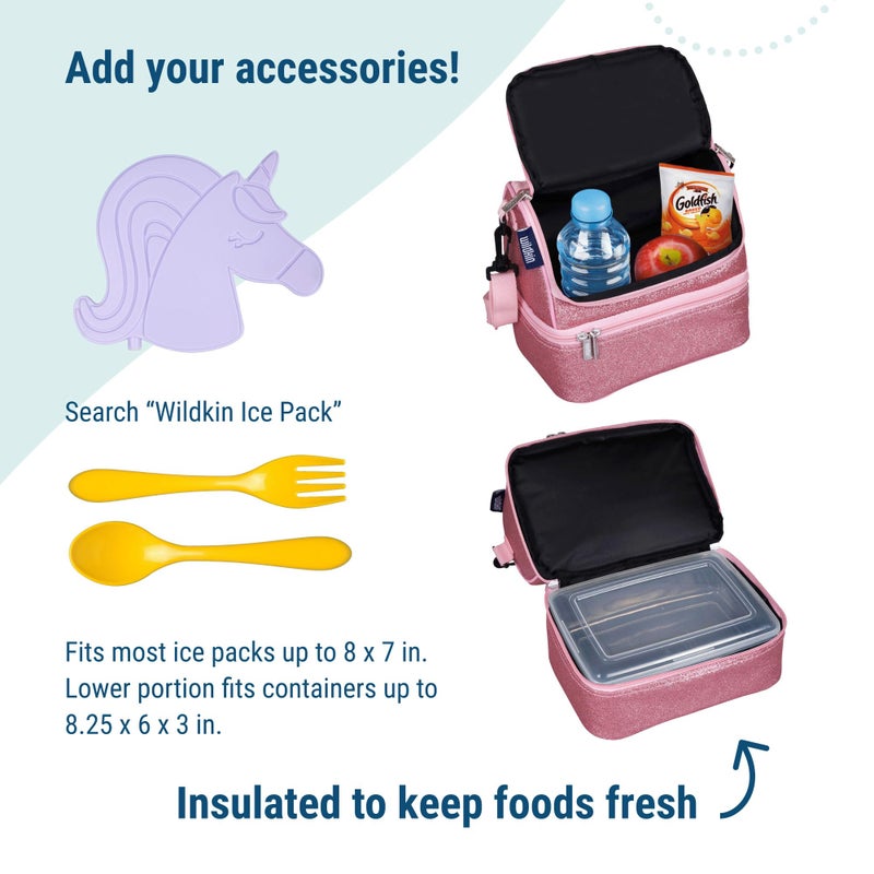 Wildkin Two Compartment Insulated Lunch Bag for Kids â€“ School & Travel Ready - Pink Glitter - Image 5