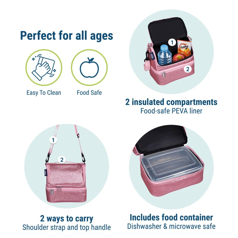 Wildkin Two Compartment Insulated Lunch Bag for Kids â€“ School & Travel Ready - Pink Glitter - Image 4