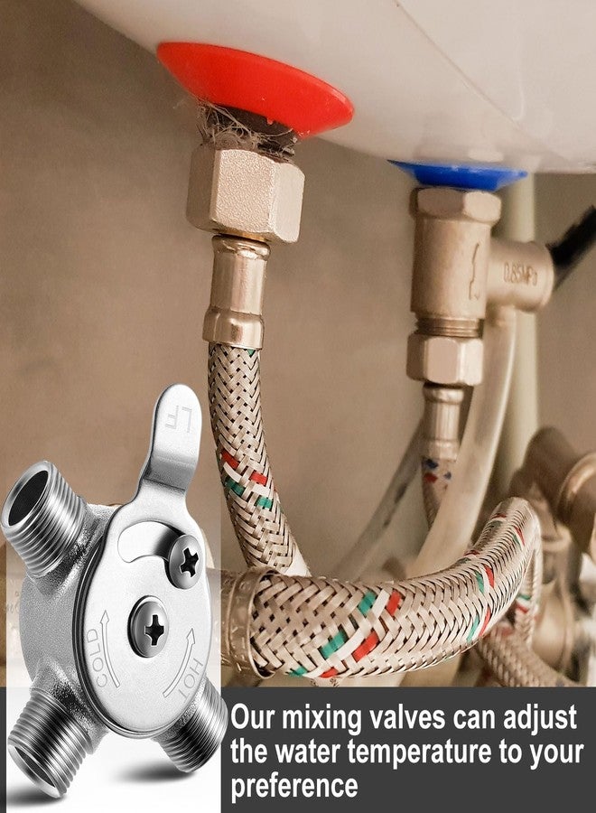 Yaocom صمام خلط يدوي Yaocom مكون من قطعتين مقاس 3/8 بوصة، خلاط درجة حرارة الماء الساخن والبارد، صمام خلط حراري للمنزل والحمام أسفل السطح لضبط درجة حرارة الماء، يتضمن 4 موصلات صنبور مضفرة - Image 5