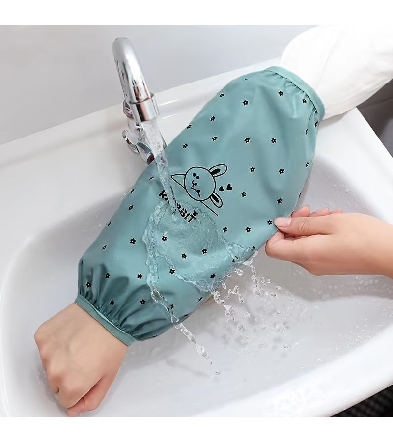 2 × أكمام ذراعين من PVC مقاومة للماء والزيوت، بلون رمادي فاتح، مطبوع عليها أرنب لطيف، مناسبة لأعمال المطبخ والأعمال المنزلية للطلاب والعمال - Image 5