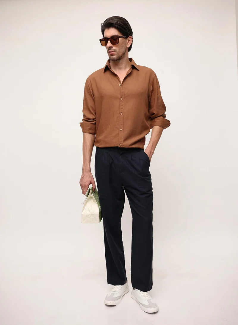 Dennis Lingo  Brown Viscose Blend Solid Print Button Down Regular Fit Shirt For Men for Men | Best Price UAE