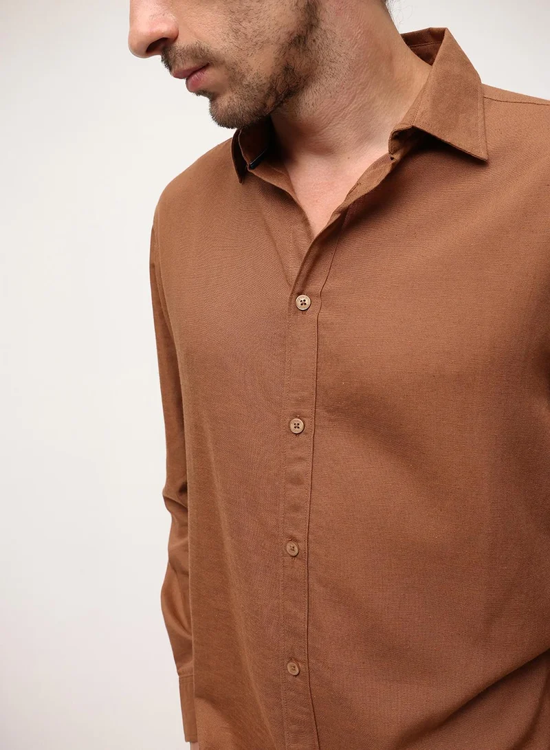 Dennis Lingo  Brown Viscose Blend Solid Print Button Down Regular Fit Shirt For Men for Men | Best Price UAE