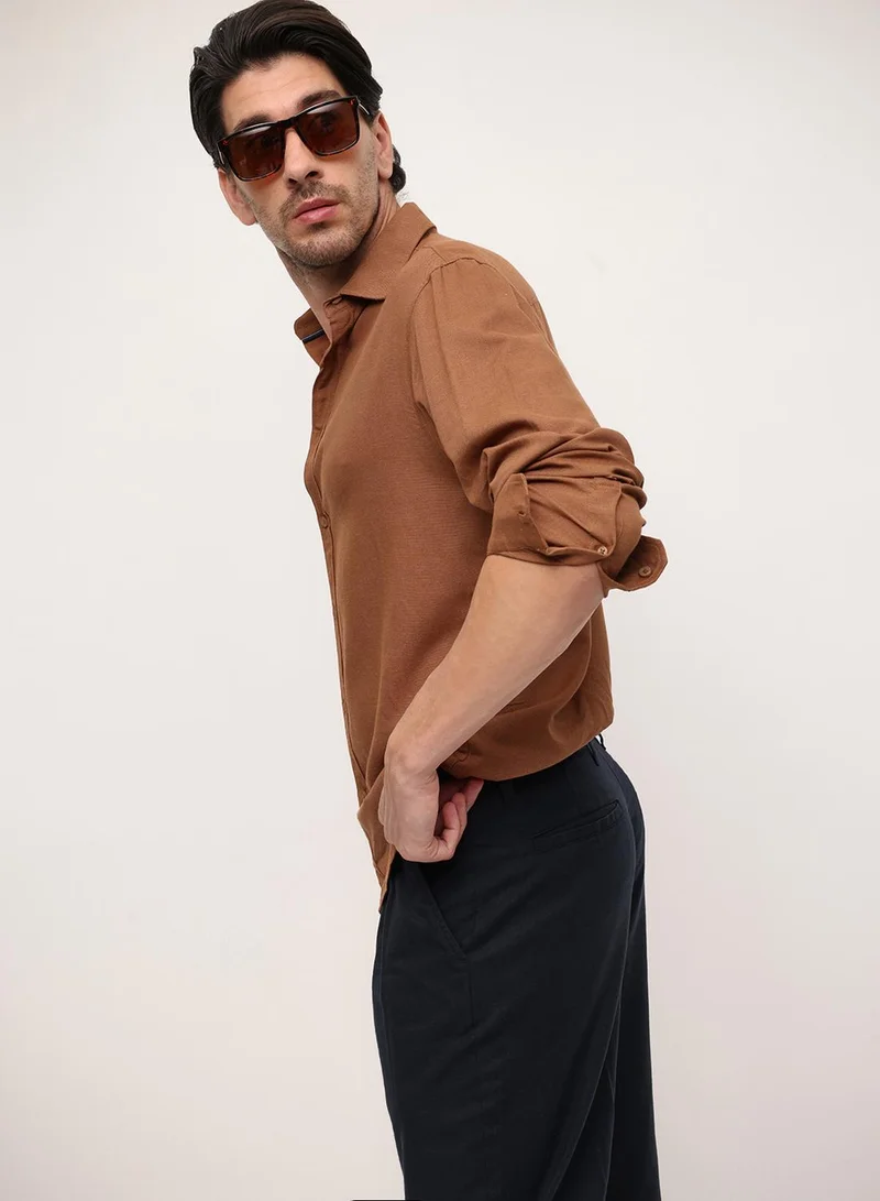 Brown Viscose Blend Solid Print Button Down Regular Fit Shirt For Men