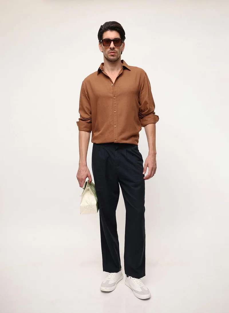 Dennis Lingo  Brown Viscose Blend Solid Print Button Down Regular Fit Shirt For Men for Men | Best Price UAE