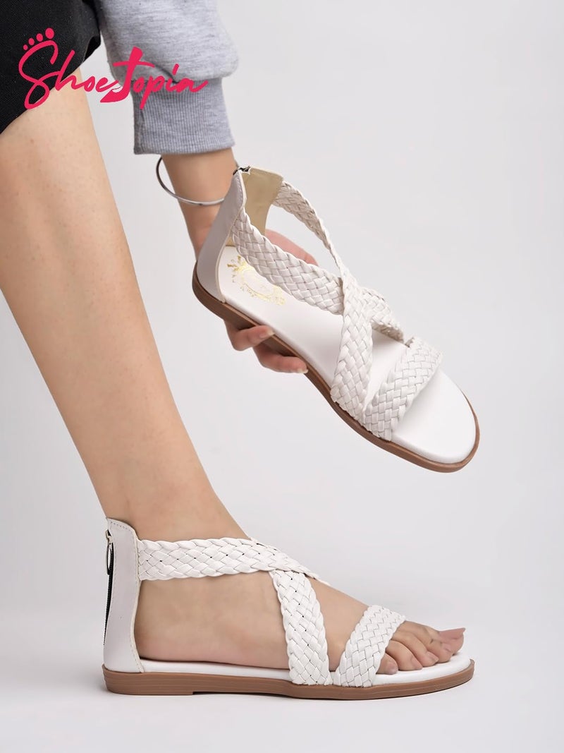 Shoetopia صنادل شوتوبيا النسائية المسطحة المزينة بتصميم غلاديتور – صنادل صيفية مريحة وعصرية مع إغلاق بسحاب خلفي - Image 5