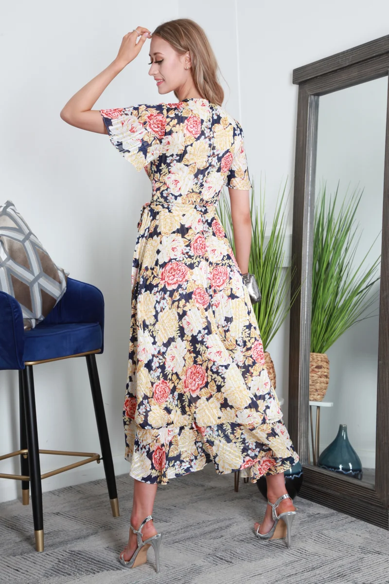 Double Second navy floral Angel Sleeve Frill Hem True Wrap Dress for Women | Best Price UAE