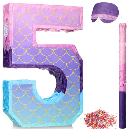 Shappy 16 Inch Mermaid Piata Purple Number Birthday Piata Party with Stick Blindfold Confetti for Anniversary Celebration Birthday Decoration SuppliesNumber 5 - Image 1
