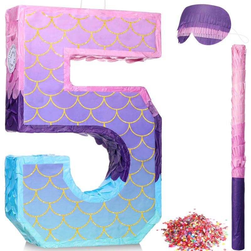 Shappy 16 Inch Mermaid Piata Purple Number Birthday Piata Party with Stick Blindfold Confetti for Anniversary Celebration Birthday Decoration SuppliesNumber 5 - Image 3