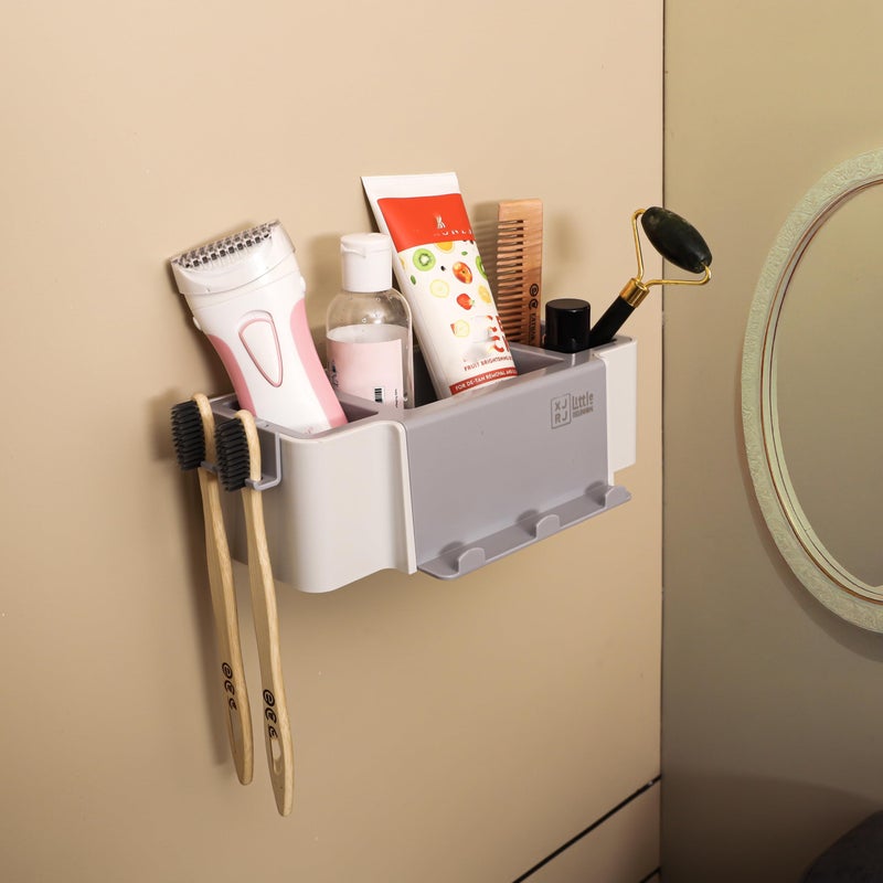 Jinila Plastic Multipurpose Storage Holder Stand Wall-Mounted Toothbrush Toiletries Cosmetics Organizer for Bathroom and Washbasin (Pack of 1, Gray and Cream) - Image 5