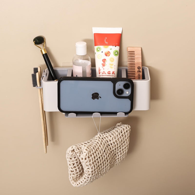 Jinila Plastic Multipurpose Storage Holder Stand Wall-Mounted Toothbrush Toiletries Cosmetics Organizer for Bathroom and Washbasin (Pack of 1, Gray and Cream) - Image 2