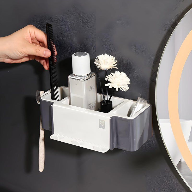 Jinila Plastic Multipurpose Storage Holder Stand Wall-Mounted Toothbrush Toiletries Cosmetics Organizer for Bathroom and Washbasin (Pack of 1, Gray and Cream) - Image 3