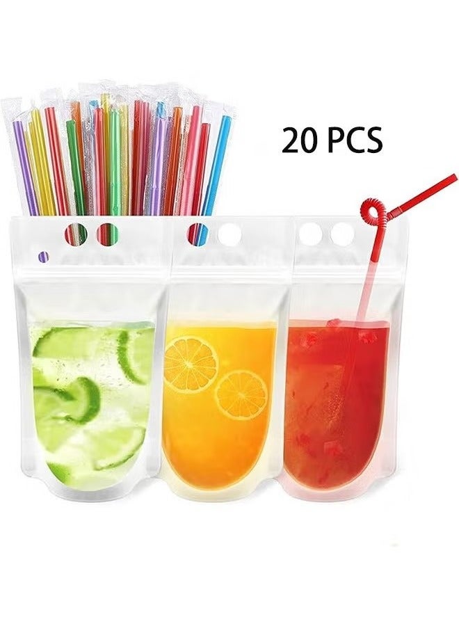 20 Pcs Drink Pouches Clear Drink Bags with Disposable Plastic Straws Smoothie Bags Juice Bags Double Zipper Handheld Translucent Stand-up Frozen Drink Pouches with Straws  - Image 1