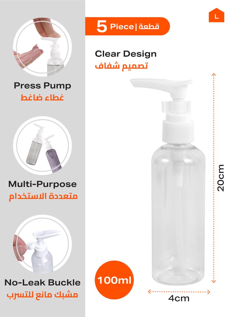 LAWAZIM Plastic Travel Lotion Bottle Set -5 Piece, 100ml- Clear Empty Refillable Pump Bottles with Clip-Lock -Ideal for Skincare Shampoo Essential Oil Hand Sanitizer Toiletries - for Travel and Home Use - Image 2