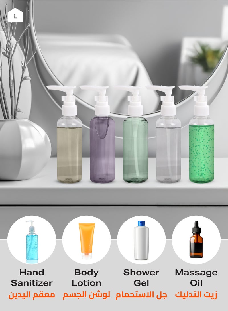 LAWAZIM Plastic Travel Lotion Bottle Set -5 Piece, 100ml- Clear Empty Refillable Pump Bottles with Clip-Lock -Ideal for Skincare Shampoo Essential Oil Hand Sanitizer Toiletries - for Travel and Home Use - Image 5