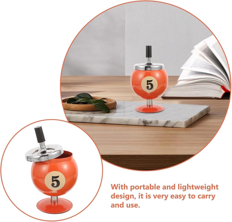 Decorative Iron Billiard-Style Push-Down Ashtray, Smokeless Windproof Metal Ash Holder for Home and Office, Retro Household Table Ash Tray with Automatic Extinguishing, Orange - Image 4