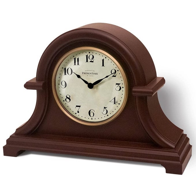 CO MANTEL CLOCK VINTAGE FARMHOUSE SERIES NAPOLEON DESK SHELF CLOCK 13 X 10 INCH DOMED LENS QUARTZ MOVEMENT ABS PLASTIC CASE WALNUT BROWN FINISH HOMETABLETOP DECORATION