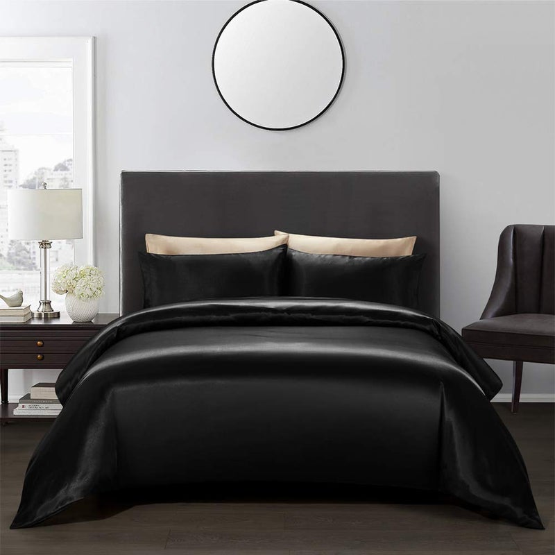 AiMay Satin Duvet Cover Set Bedding Sets Luxury Rich Silk Silky Super Soft Solid Color 2 Piece 1 Duvet Cover 1 Pillowcase Honeymoon Sexy Reversible StainResistant Wrinkle Free TwinBlack