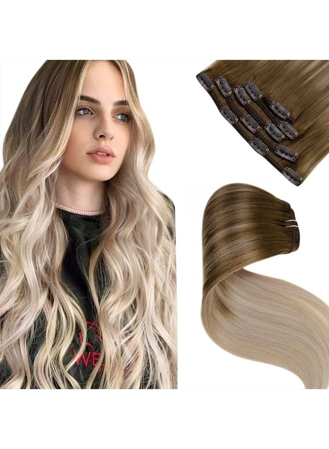 LaaVoo إضافات شعر لا فوو القابلة للتثبيت شعر بشري حقيقي أومبري بني فاتح إلى أشقر رمادي مزيج أشقر بلاتيني بالياج ريمي شعر بشري قابل للتثبيت للنساء 16 بوصة 5 قطع/80 جرام - Image 1