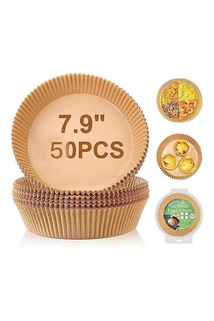 ورق بطانة قابل للتصرف لقلاية الهواء، 50 قطعة بحجم 7.9 بوصة، دائرية الشكل. ورق زبدة غير لاصق، مقاوم للزيت والماء. مثالي لقلاية الهواء، جهاز البخار، الخبز، الميكروويف، وغيرها. - Image 1