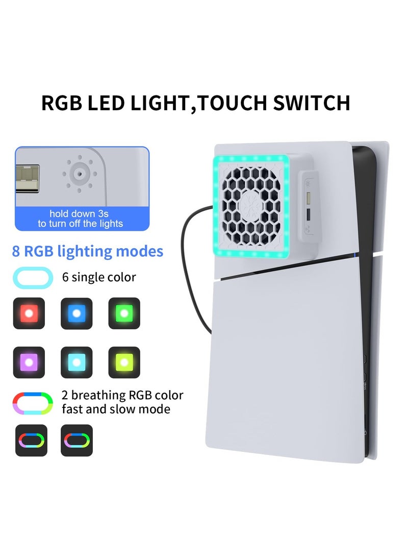 SOLARAE Slim Cooling Fan for PS5: Enhanced Cooling System with PS5 Slim Cover, RGB LED Lights, 3-Level Fan Speeds, and 2 USB Charging Hubs for PS5 Slim Digital and Disc Consoles - Image 2