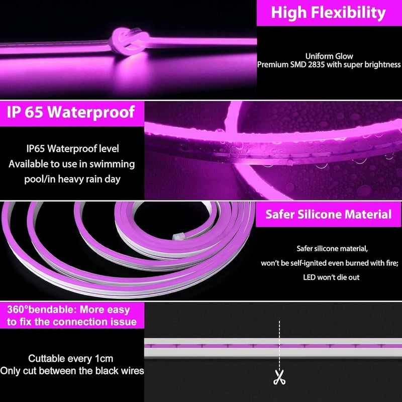 Gesto 16.4 Feet Neon LED Strip Light with 12V Adapter | Cuttable & Flexible Waterproof Rope Light for Wall Decor, Indoor & Outdoor Decoration, Custom Names,Signage & Diwali Decorative Lighting-Purple - Image 3
