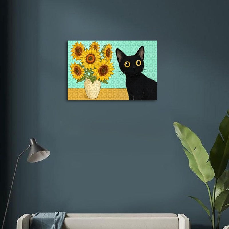 Sudoku Crossword Puzzle Sunflower Black Cat Jigsaw Puzzle Cute Whimsical Art 520 500 1000 Pieces High Quality Puzzle Relaxing Gift For Cat Lovers 26x38cm - Image 3