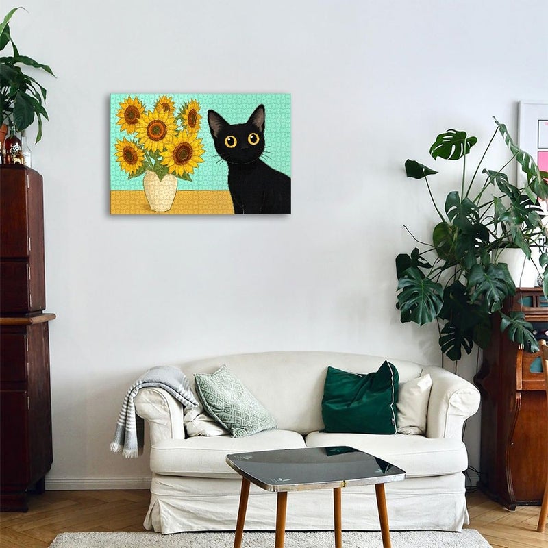 Sudoku Crossword Puzzle Sunflower Black Cat Jigsaw Puzzle Cute Whimsical Art 520 500 1000 Pieces High Quality Puzzle Relaxing Gift For Cat Lovers 26x38cm - Image 2