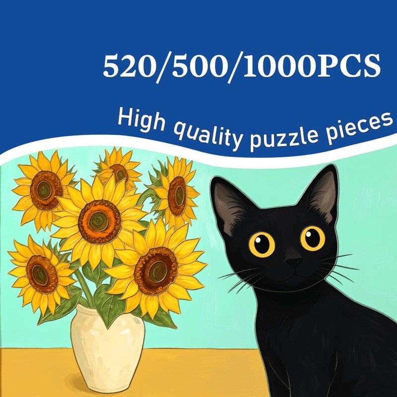 Sudoku Crossword Puzzle Sunflower Black Cat Jigsaw Puzzle Cute Whimsical Art 520 500 1000 Pieces High Quality Puzzle Relaxing Gift For Cat Lovers 26x38cm - Image 1