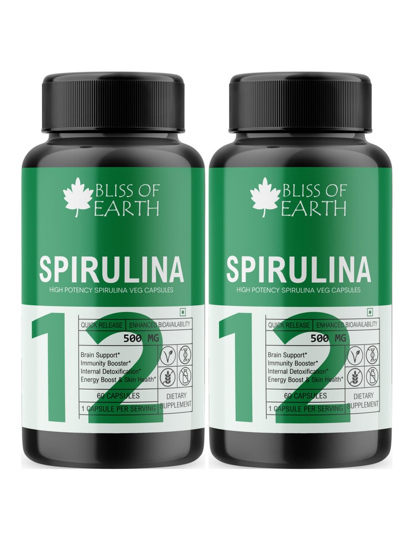 BLISS OF EARTH Organic Spirulina Powder Capsules 500mg Each Serving, 60 Veg Capsules, Green Superfood For Energy & Detox Pack of 2  - Image 1
