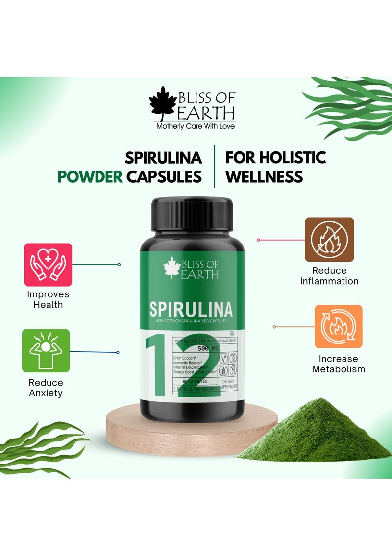 BLISS OF EARTH Organic Spirulina Powder Capsules 500mg Each Serving, 60 Veg Capsules, Green Superfood For Energy & Detox Pack of 2  - Image 2