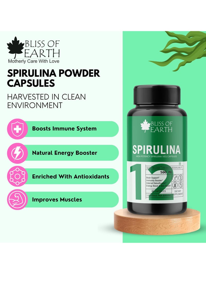 BLISS OF EARTH Organic Spirulina Powder Capsules 500mg Each Serving, 60 Veg Capsules, Green Superfood For Energy & Detox Pack of 2  - Image 3